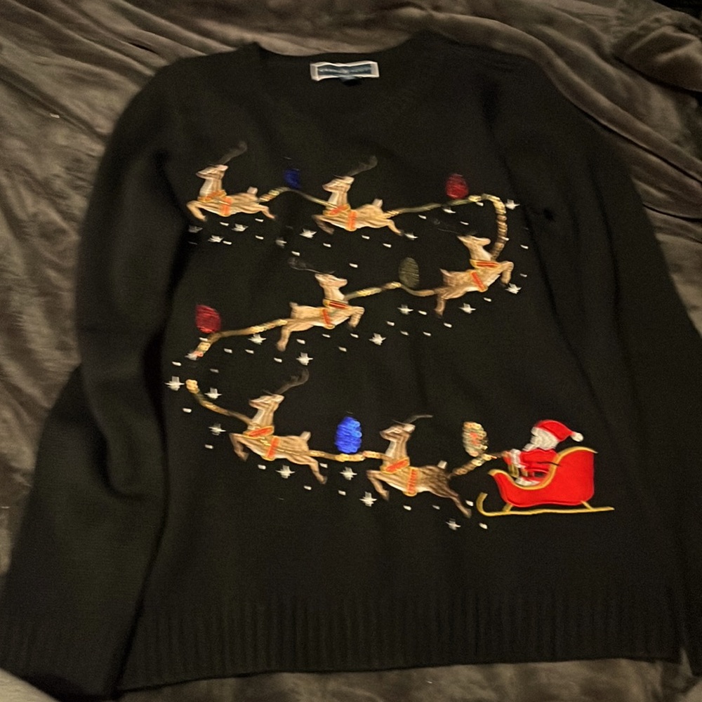 Karen Scott Women's Santa's Sleigh Sweater Sequined Black Size PM